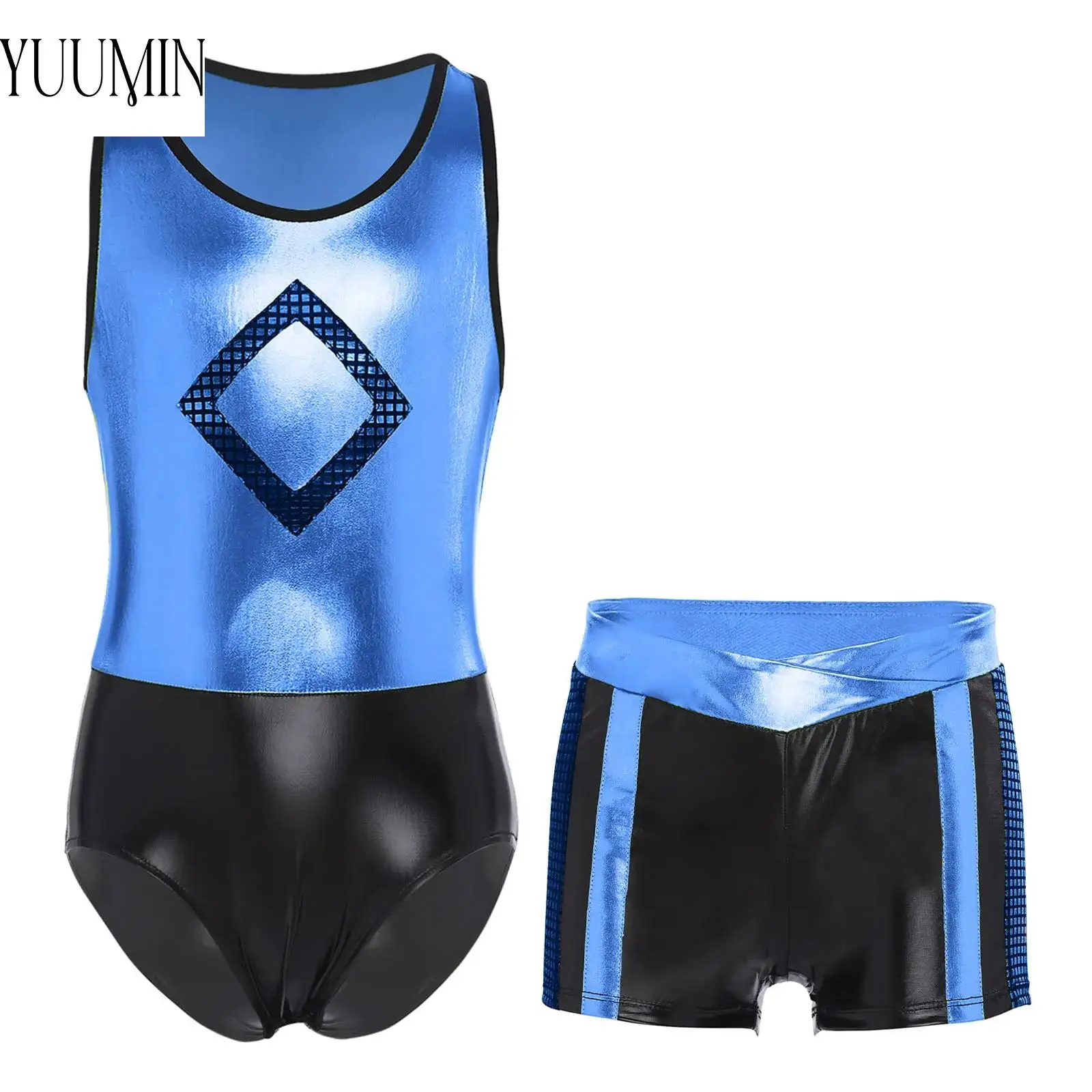 

Kids Girl Hip-hop Jazz Dance Set Sleeveless Shiny Metallic Leotard with Shorts Dancewear Sets for Sports Gymnastics Performance