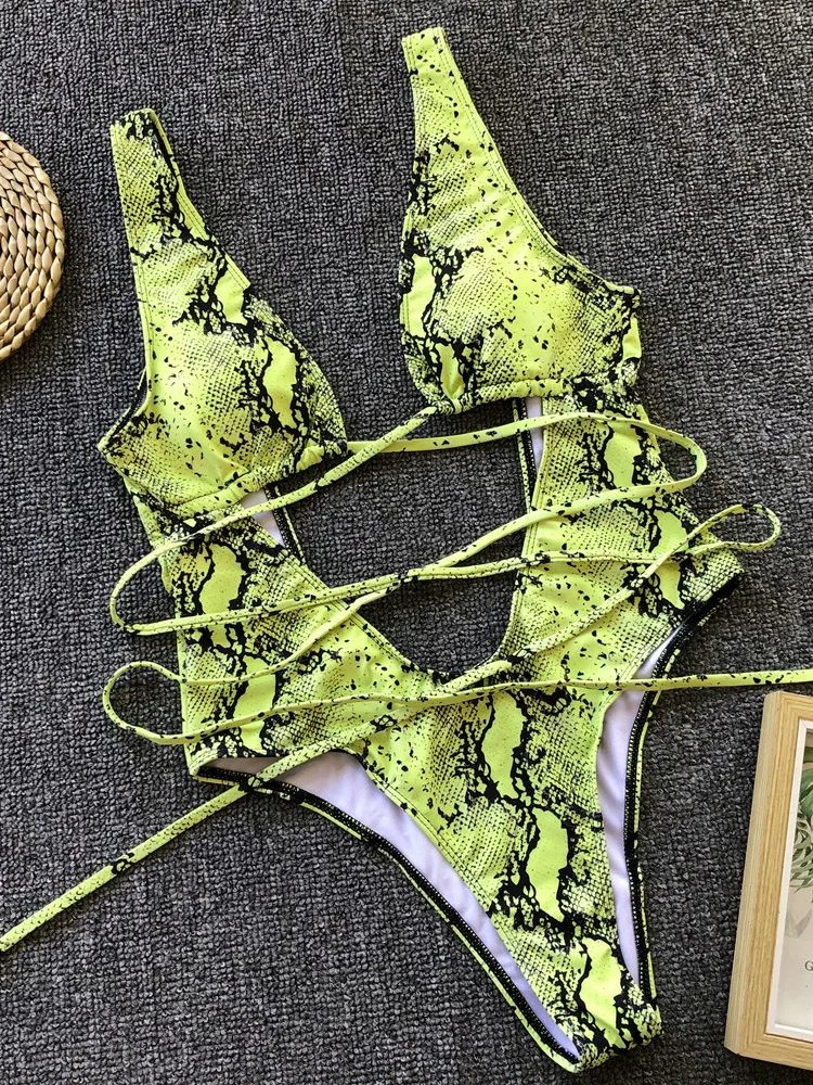 Women One Piece Gray Green Colorful Sexy Bikinis Snake Print Swimwear Summer Hollow Out Bandage Biquini Bathers Bathing Suit