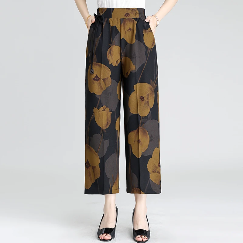 سراويل حريرية بأرجل واسعة للنساء ، خصر عالي ، تنفس ، ريترو ، نمط ياباني ، مرن ، عصري ، صيف ، Tianxiang ،