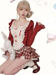 2024 New Red Plaid Skirt 3 Piece Set Outfits Lolita Japanese Style Sweet Suit Shot Cardigan + Slim Lace Vest + Y2k Mini Skirt