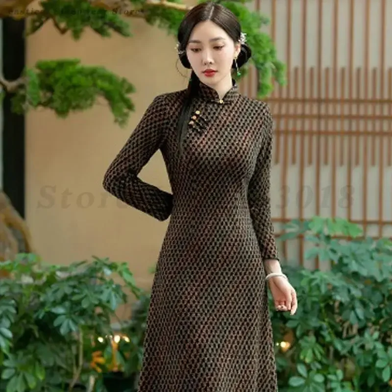 

Large Size 5XL Retro Slim Qipao Chinese Traditional Style Dress Autumn Long Sleeve Cheongsam Evening Party Gown for Women