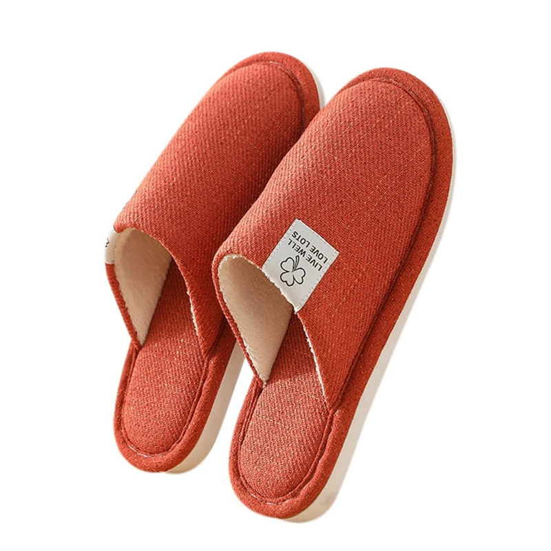 Autumn Winter Women's Linen Slippers Solid Color Plush Lining Warm Breathable Soft Sole Non-slip Cotton Slipper Home Floor Shoes