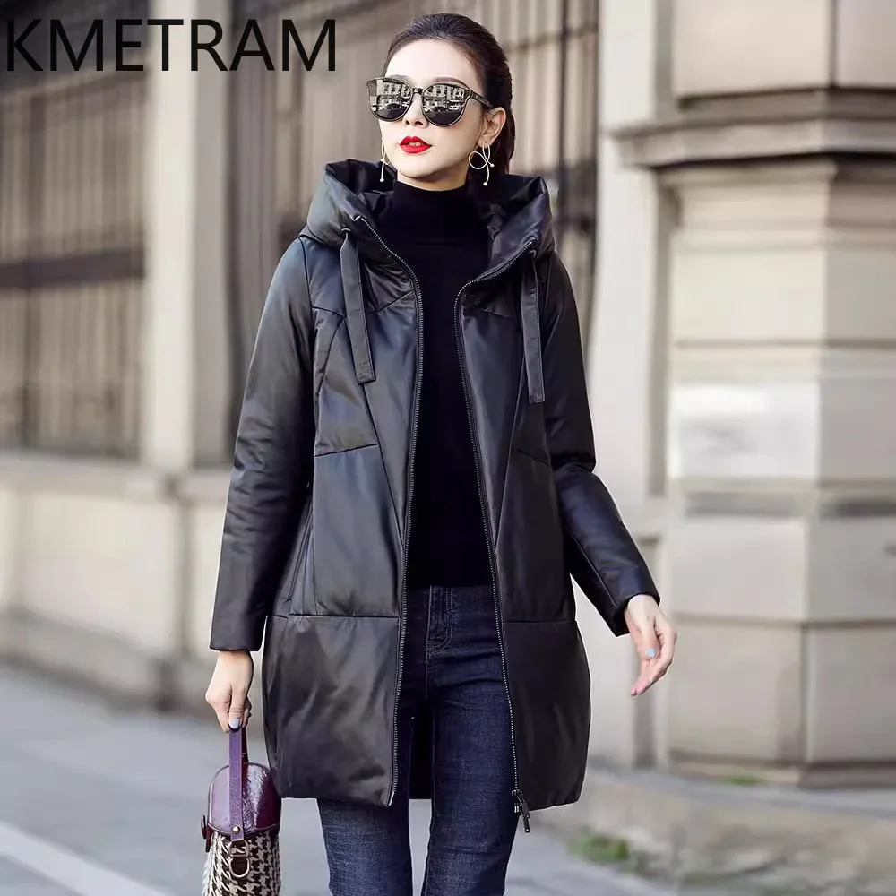 Winter Jacket Women 100% Sheepskin Down Coats 2024 New in Outerwears Black Loose Coat with Hood Womans Clothing Пуховик Женский