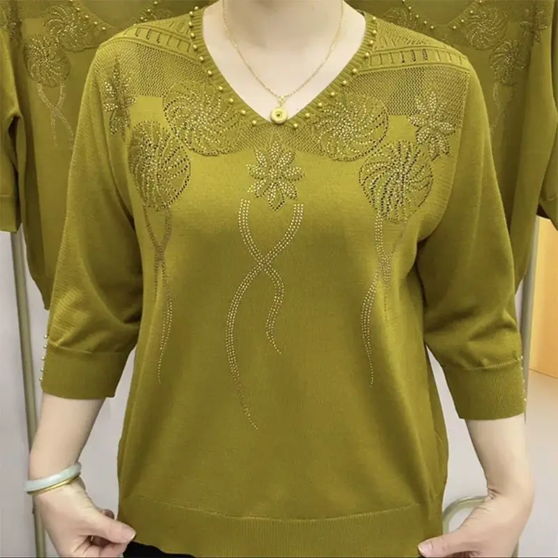 Koreanische Vintage Damen bekleidung Ärmel gestrickt T-Shirt Frühling Sommer Mode V-Ausschnitt feste Diamanten lose lässige Tops neu