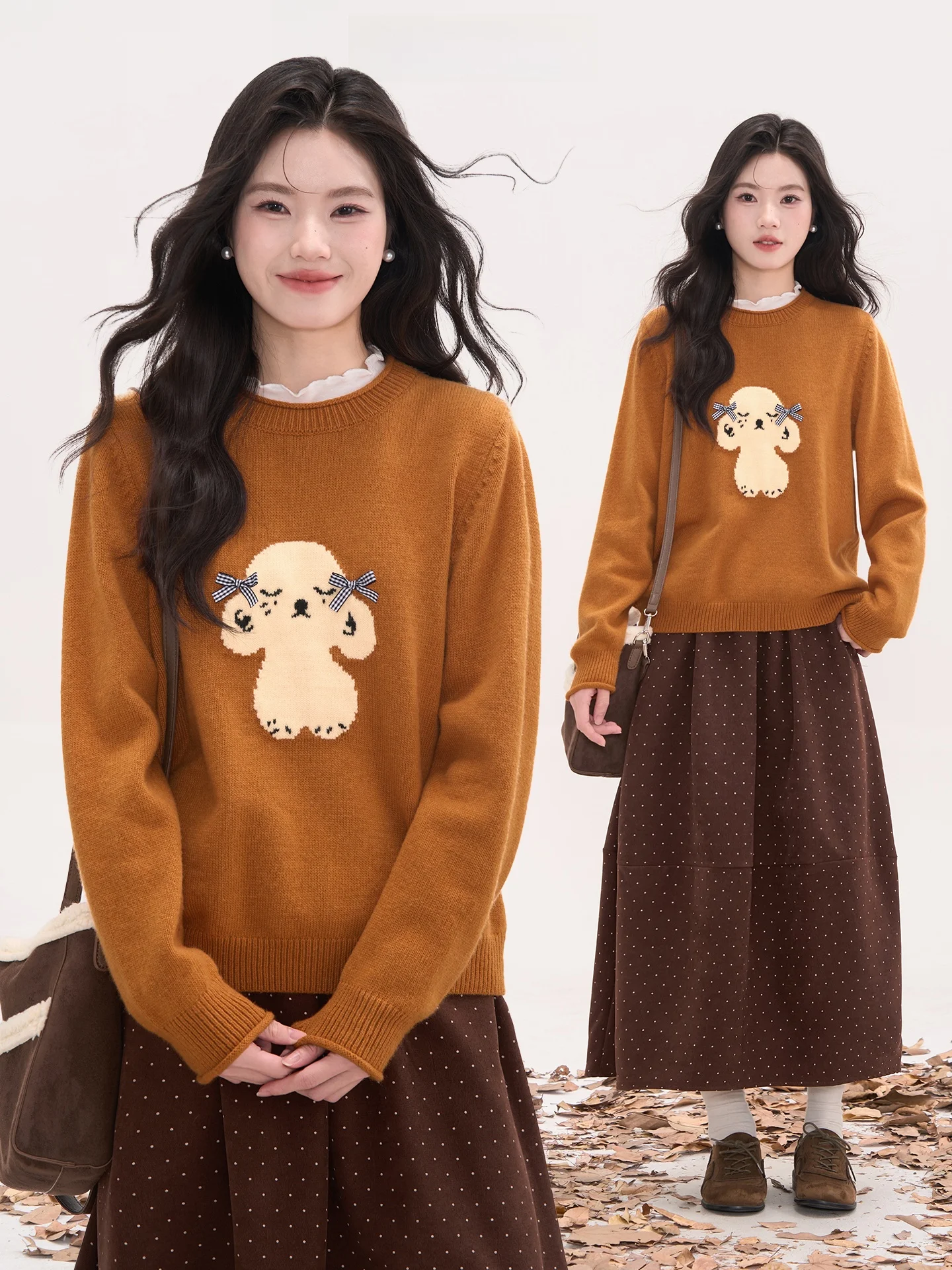 

Sweet Knitted Sweater with Cuffed Long Sves round Ne for Women Casual Loose Sle Autumn Winter Faion