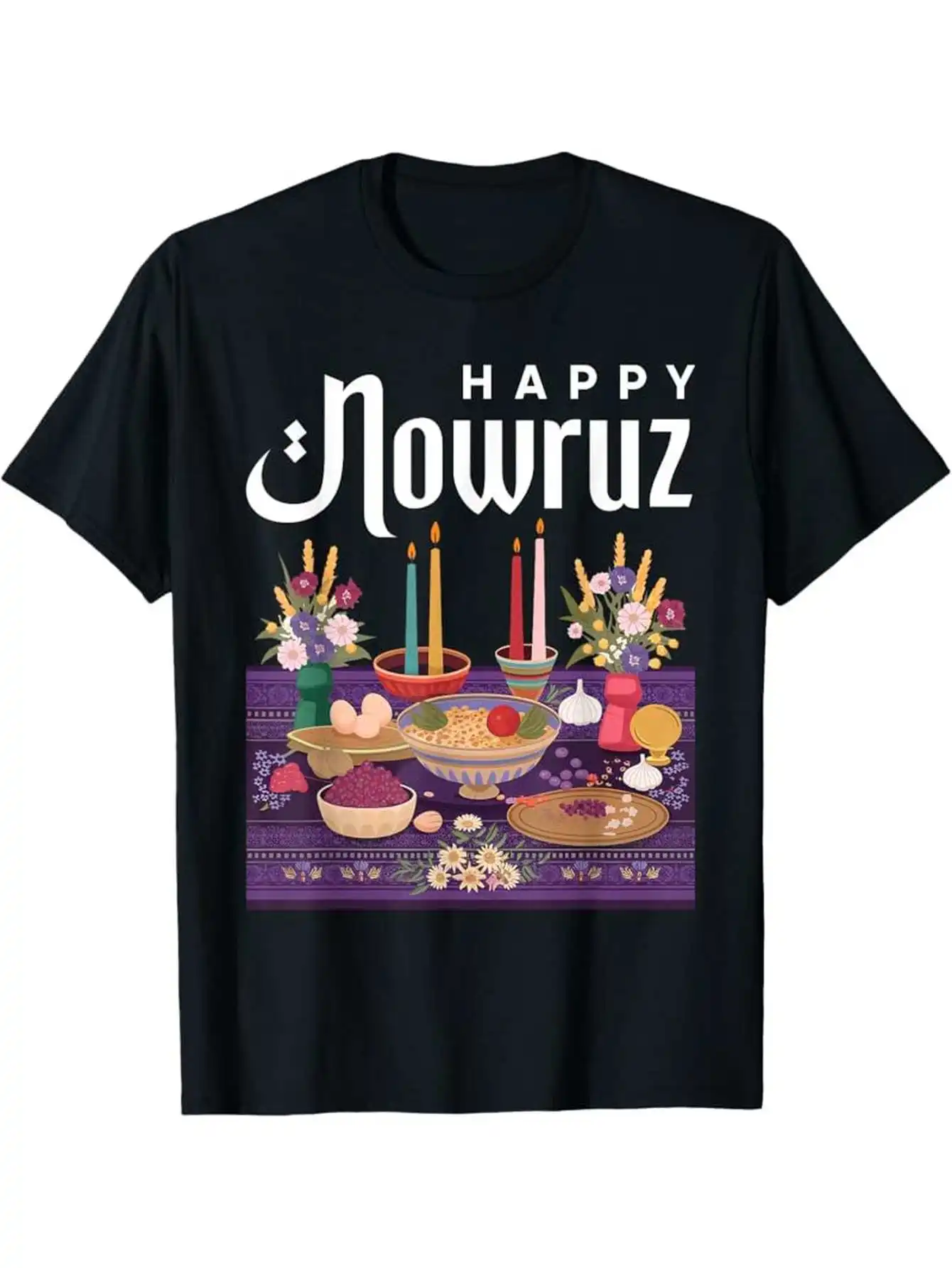 

Haft-Seen Table & Persian Alphabet Persian Nowruz Festival T-Shirt 100% Cotton O-Neck Short Sleeve Summer Casual Mens T-shirt