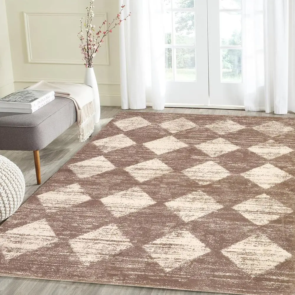 

5x7 Beige Diamond Patterned Soft Rug, Washable Non-Slip Area Rug for Living Room, Bedroom, and Nursery