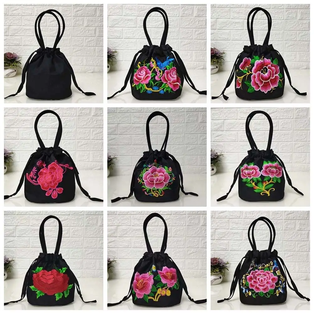 Satin Silk Hanfu Drawstrings Bag Ethnic Style Mommy Bag Embroidery Flower Handbag Rose Flower Lunch Bag Small Purse Wallet