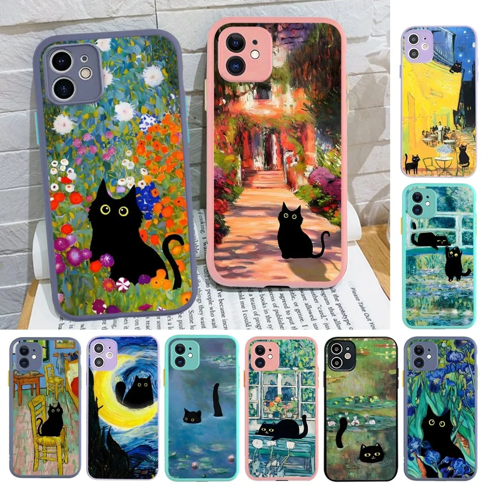 Claude Monet Van Gogh Zwarte Cat Oil Art Telefoonhoesje Voor Iphone 14 X Xr Xs 7 8 Plus 11 12 13 Pro Max 13Mini Mat Schokbestendig Hoesje