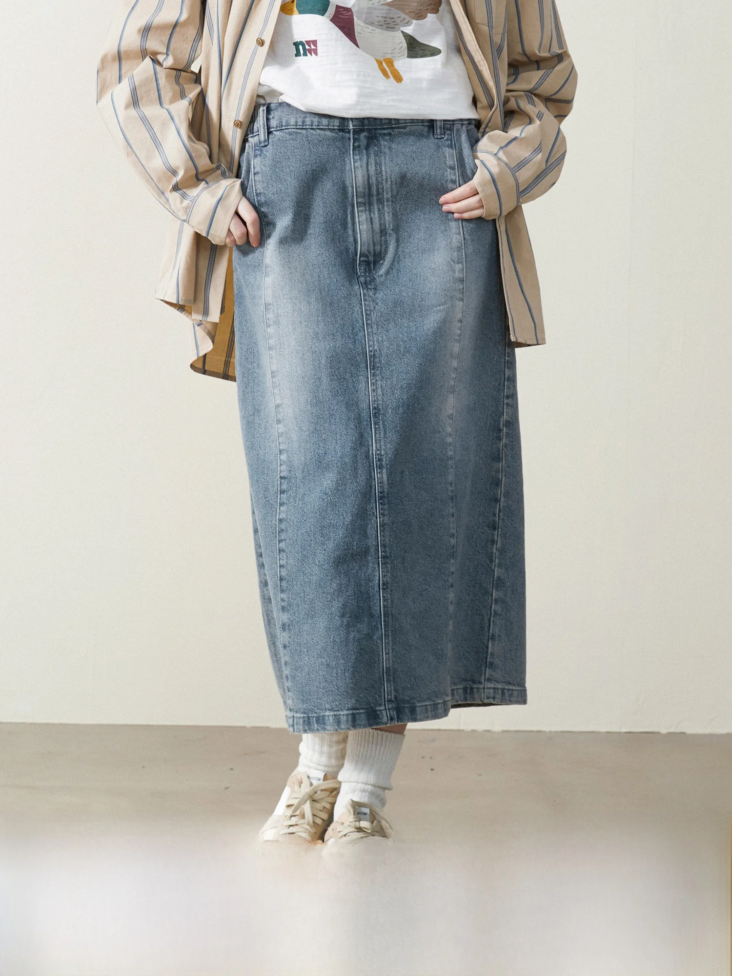 

Юбка Nome с высокой талией, А-силуэт, ретро-стиль, джинсовая, с разрезом, для женщин, летняя, стройнящая, миди, для повседневной носки и офиса