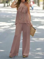 2026 New Women  Two Piece Set Women's Matching Sets Twist Halter Neck Sleeveless Wide Leg Pants Casual Summer Vacation Outfits - Image 4