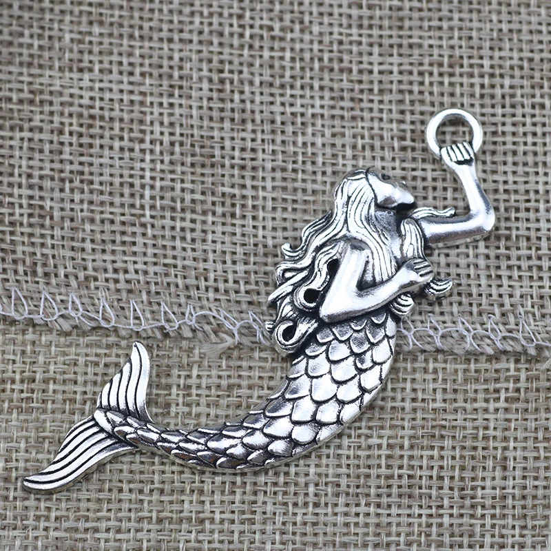 4 Pieces 42mm*76mm Antique Silver Plated Big Mermaid Charms Pendant For Diy Jewelry Making Wholesae Alloy Charm