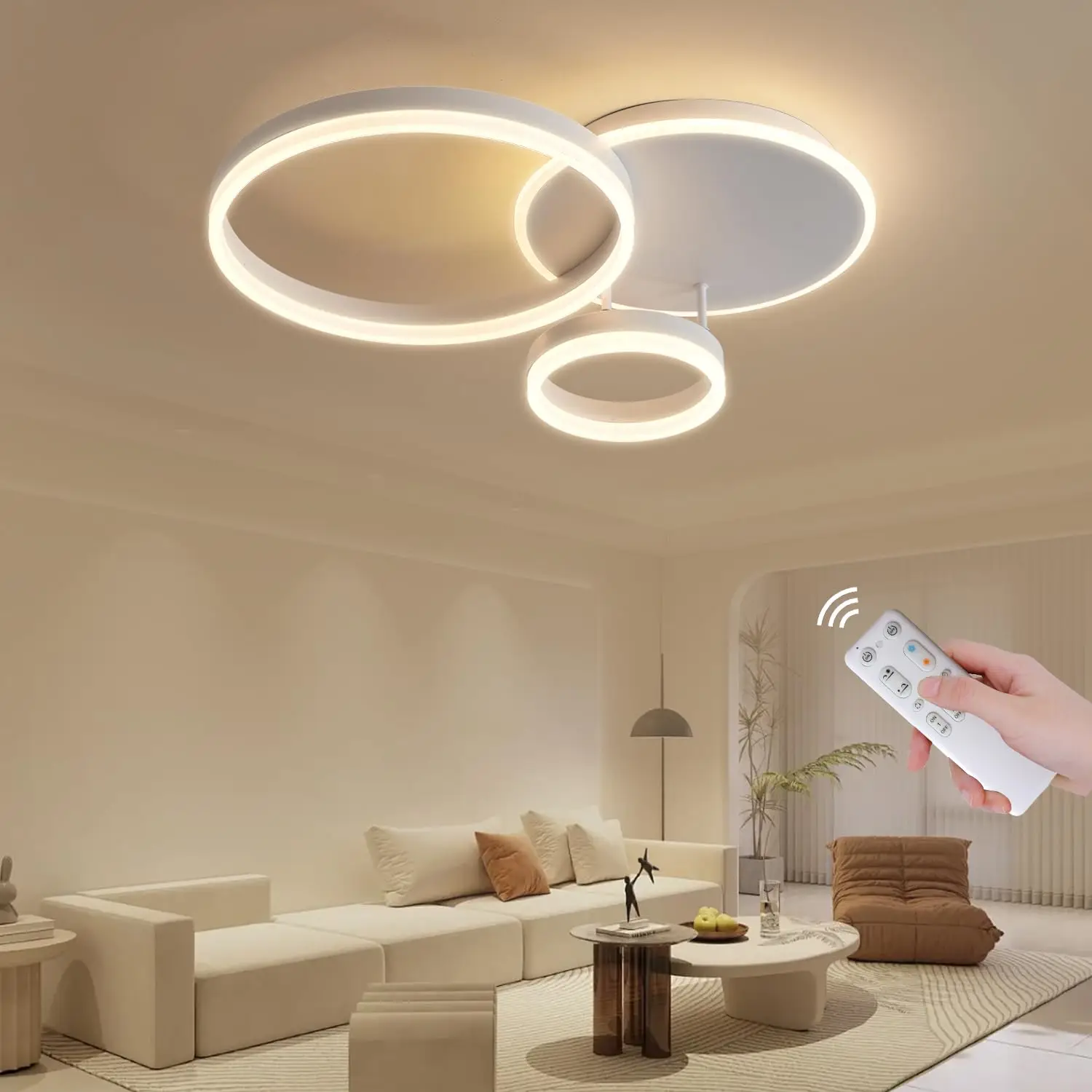 

LED Ceiling Light Dimmable Living Room Ceiling Lamp 3-Ring White Aluminium 54W for Bedroom Office Study Children's Room Ø65cm