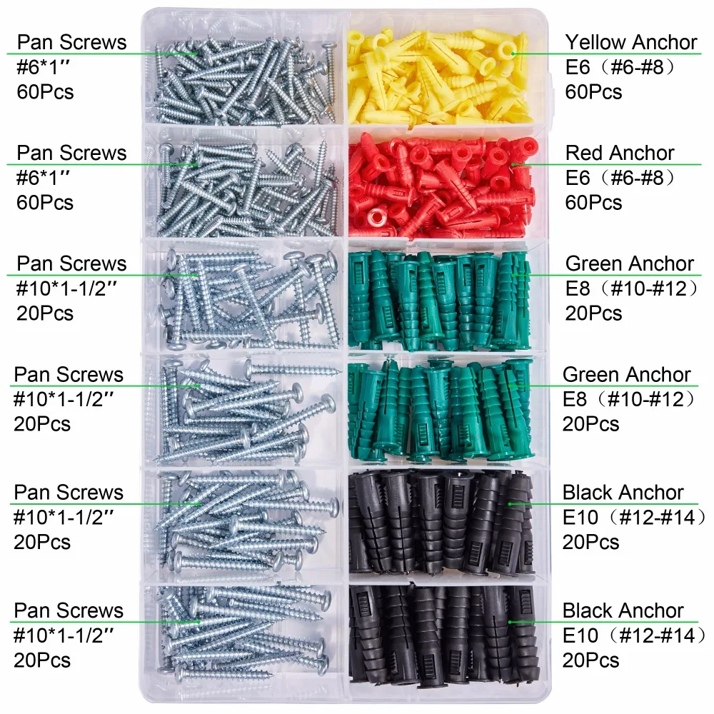 Plastic Expansion Tube Pipe Wall Anchors Plugs Ribbed Color Metal With Phillips Head Self-Tapping Screw Kit Bolt 400PCS