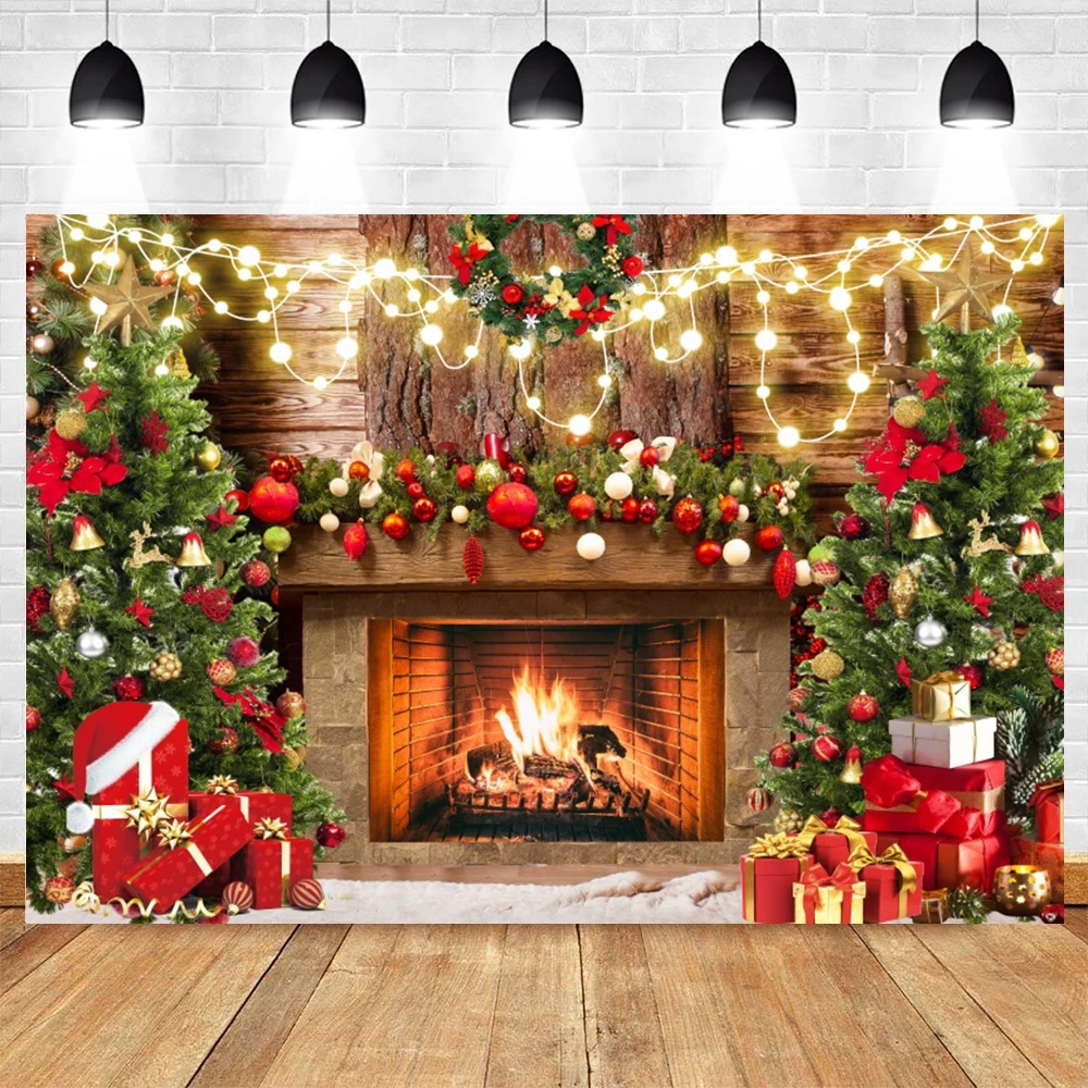 Christmas Photography Backdrop Xmas Tree Fireplace Wooden Window Baby Bear Gift Kids Party Decoration Background Photozone Props