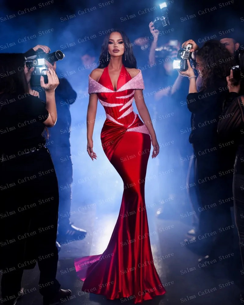 Passionate Red Mermaid Dress With Sweep Train V-neck Off Shoulder Sequins Luxuies Evening Dresses For Women Plus Size Gowns