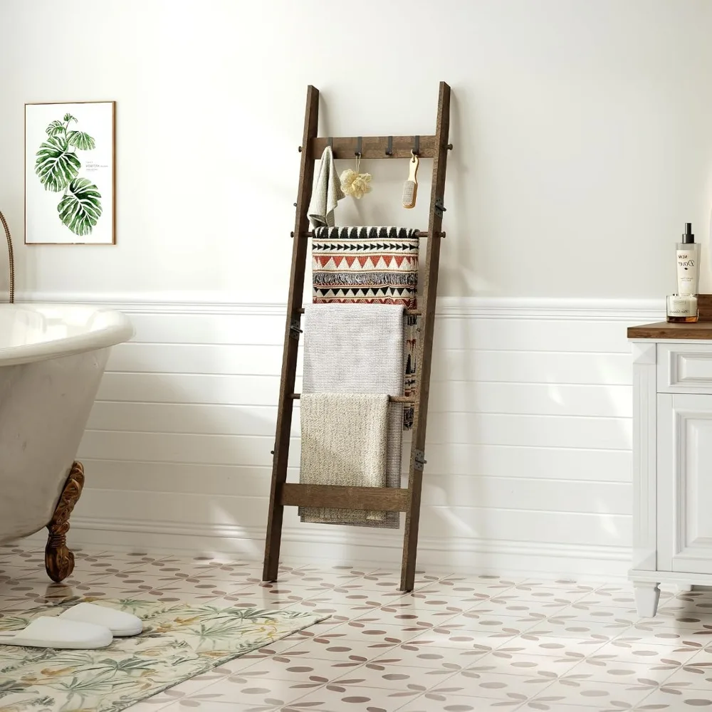 رف سلم من الخيزران مكون من 5 طبقات، سلم بطانية على طراز المزرعة، سلم زخرفي ريفي مع 4 خطافات قابلة للإزالة، بني #5