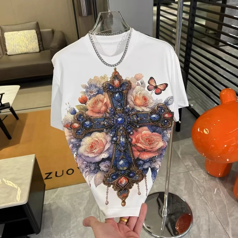 2025 Spring New Loose Chic Tees Round Neck Short Sleeve Hot Diamond T-Shirts Men's Fashion Versatile Casual Quality Trendy Tops