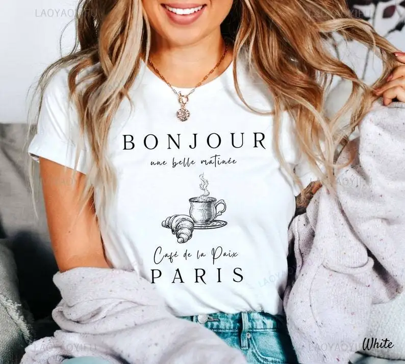 Bonjour Nne Belle Matinnee Cate De La Pait Paris Printed Croissant T-shirt Summer Woman Man High Quality Cotton T Shirt Retro