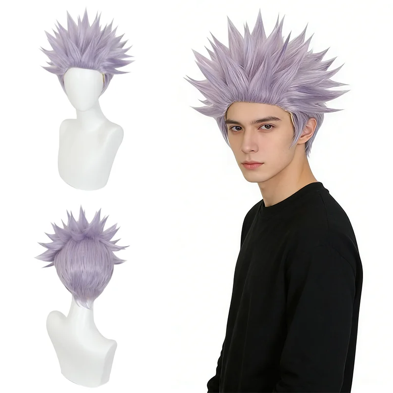 Jujutsu Kaisen Gojo Satoru Cosplay Wig Purple/White Spiky Short Heat Resistant Synthetic Hair Unisex for Halloween Costume Party
