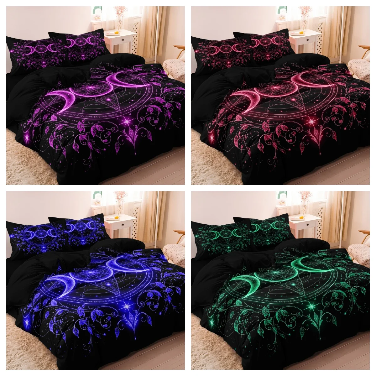 

3pcs Set Gothic Triple Moon Starry Duvet Cover, Delicate Purple Botanical Mandala Bedding, For Themed Hotel & Dorm Decoration