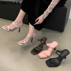 2024 Summer Slippers Slides New One-strap Back Empty Female Fashion Decorated Leopard Print High Heel Pumps Printed Sandal Mujer