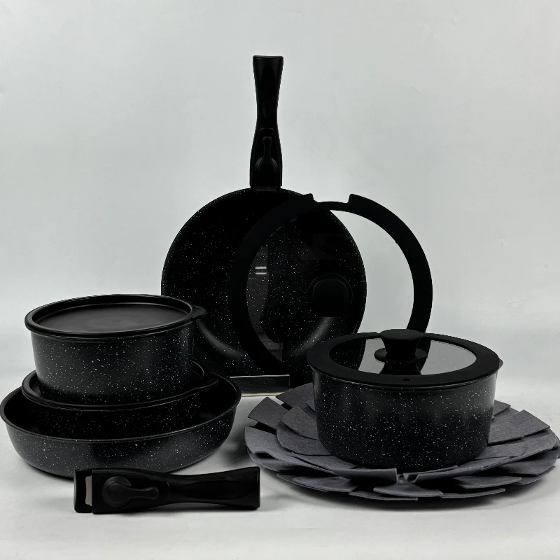 

Modern Design Aluminum Granite Marble Non-Stick Cookware Hot Sale Removable Press Pan Set Multiple Accessories Spoon