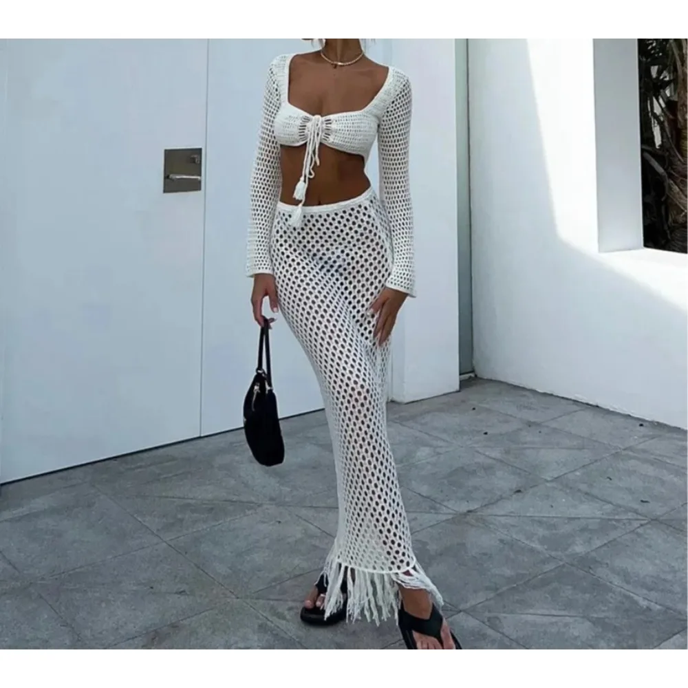 2025 여성 크로셰 니트 스커트 세트 속이 비치는 레이스업 수영복 커버업 2피스 니트 의상 세트 수영복 비치웨어 섹시 시스루