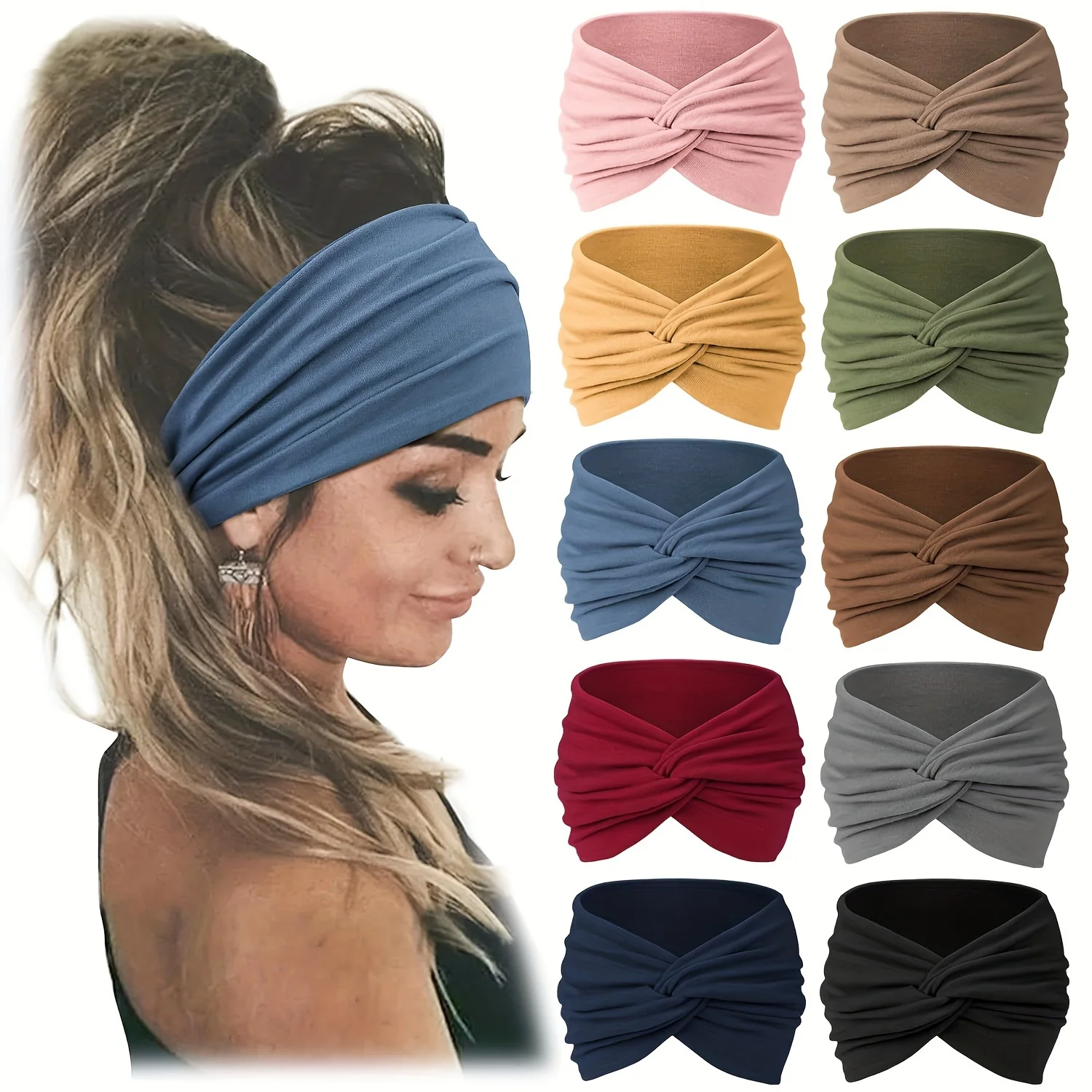 

10-Piece Assorted Elastic Sports Headbands for Women - Wide, Non-Slip, Yoga-Ready, Stretchy Running Hair Bands - Fashionable Gym