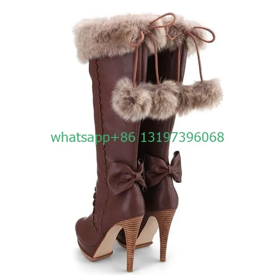 Lady bowtie fur design knee boots platform vintage color stiletto heel boots daily causal winter boots feather fur boots size 46