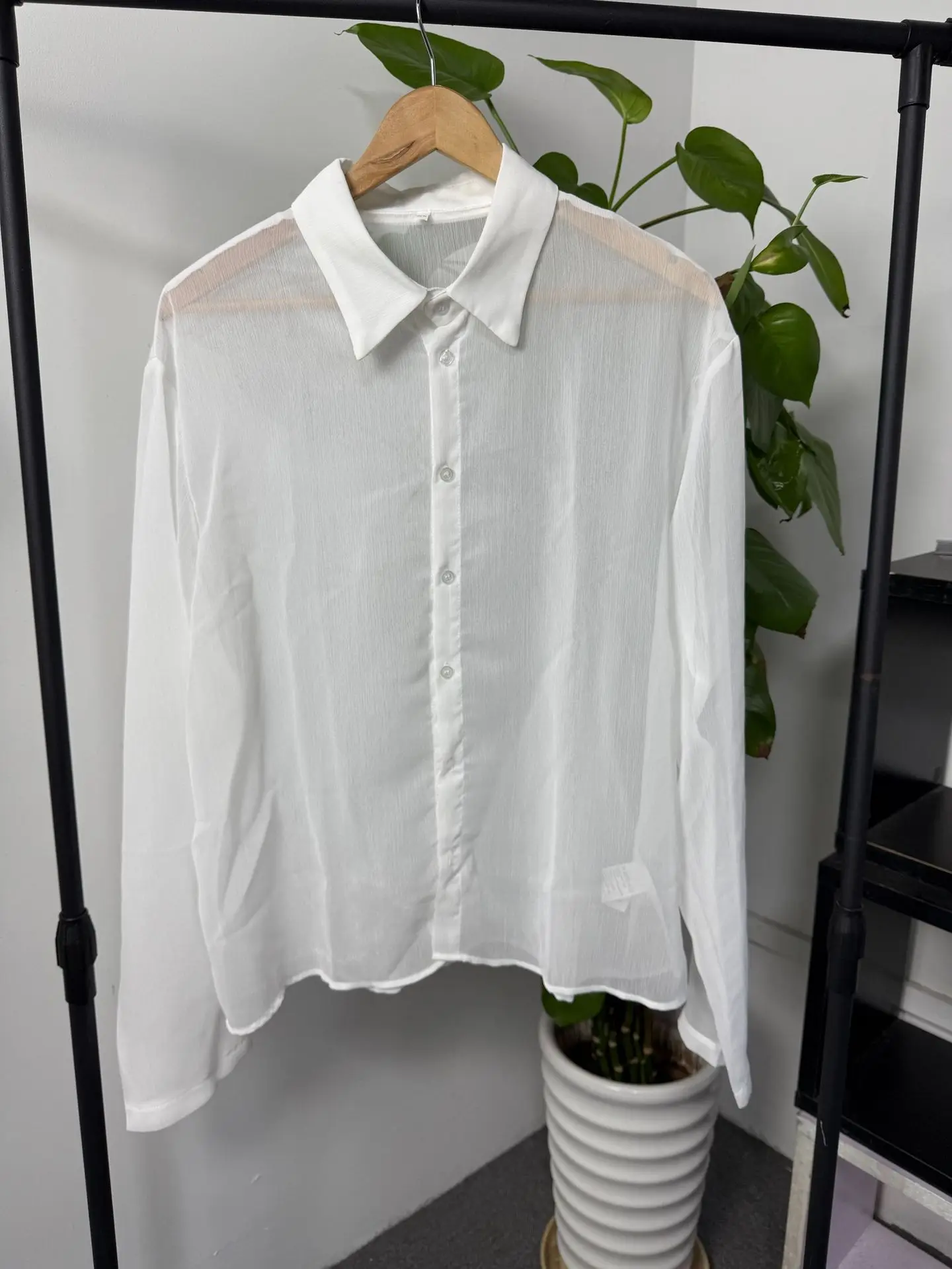 Spring Summer Men's Pleated Short Shirt French Casual Fashion Simple White Perspective Slim Male Lapel Long Sleeved Shirts