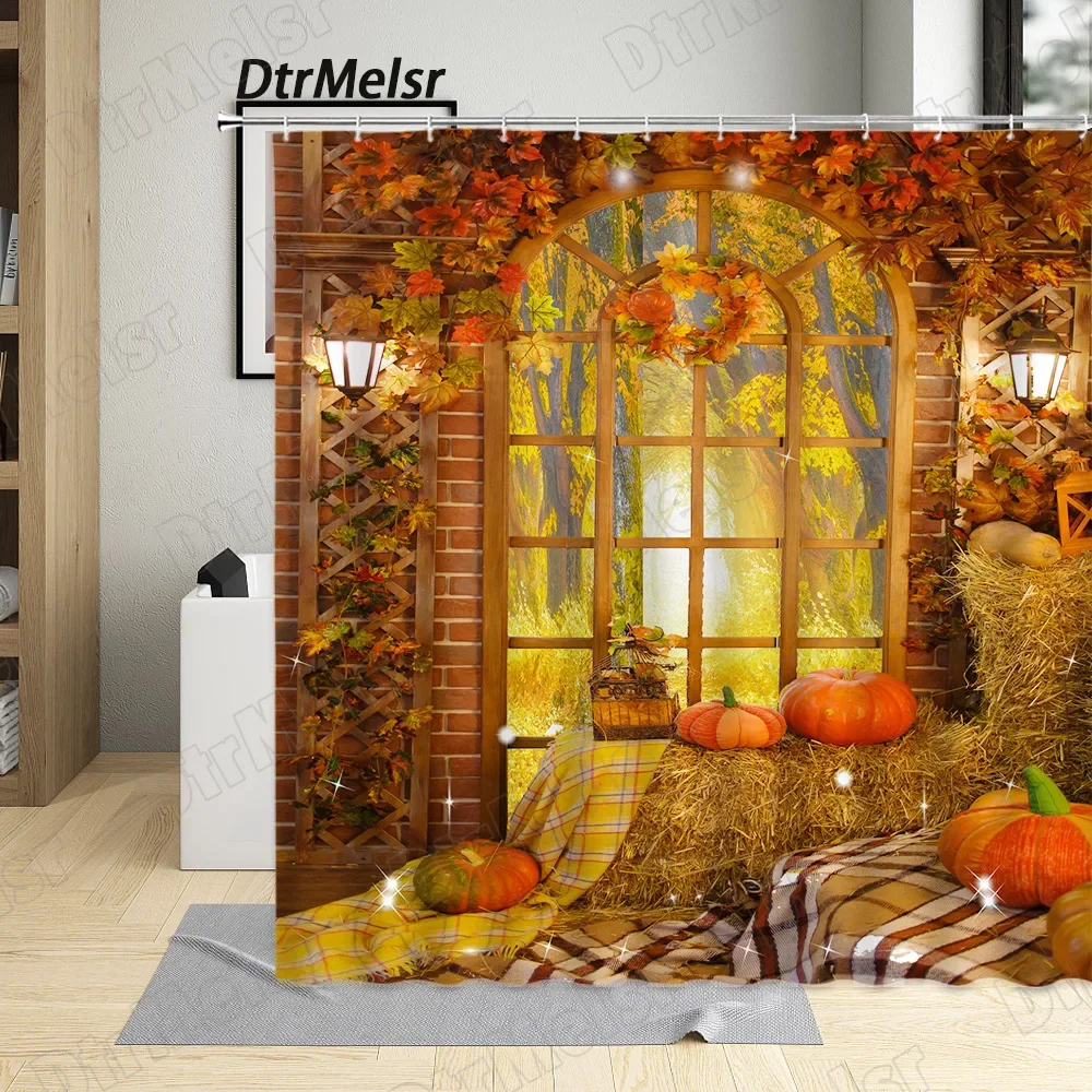 Fall Landscape Shower Curtain Autumn Pumpkins Maple Leaves Bath Curtains Harvest Thanksgiving Farmhouse Style Bathroom Decor Set