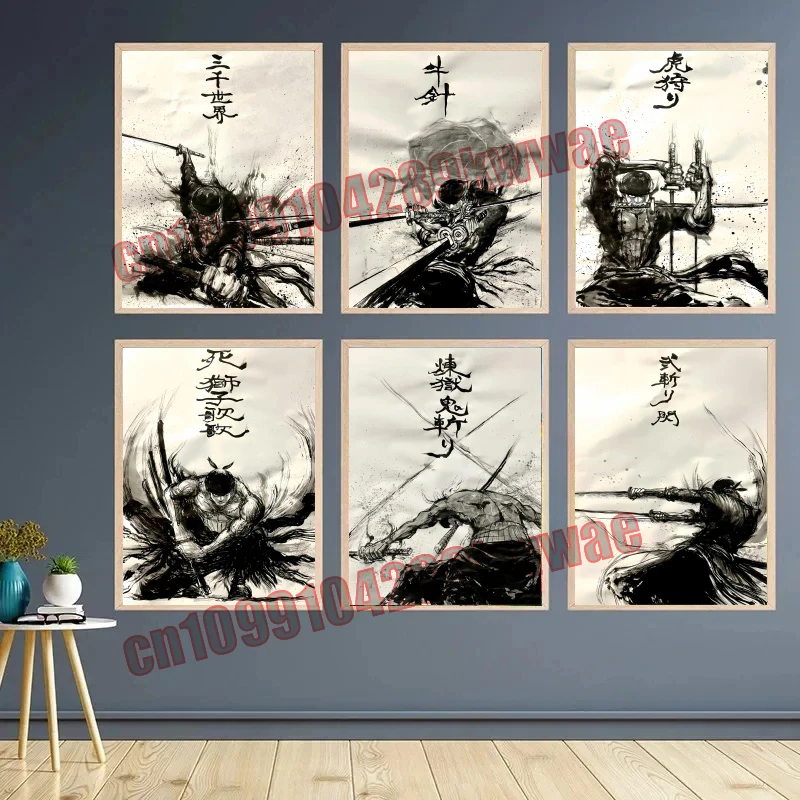 

Classic Cartoon One Piece Canvas Painting Zoro Ink Painting Art Poster Wall Art Retro Home Decoration Printing Mural Gift