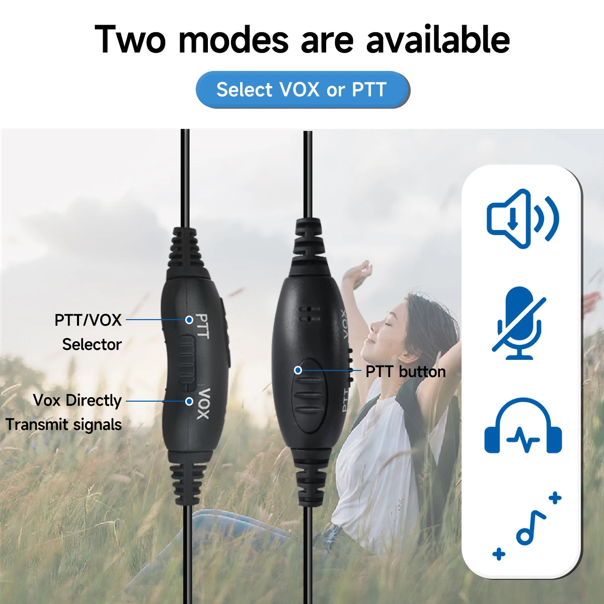 ABBREE 헤드 마운트 이어폰 워키토키 헤드셋 PTT/VOX 마이크, Baofeng UV-5R UV-21 UV-5RH Quansheng UV-K5 UV-K6, 2 핀 K 플러그