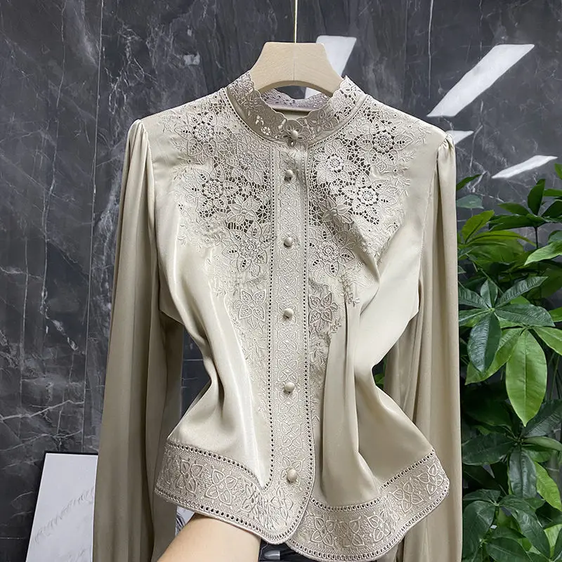 Vintage Women Elegant Floral Embroidery Faux Silk Blouses Stand Collar Satin Lace Shirts Long Sleeve Glossy Cardigan Tops Blusas