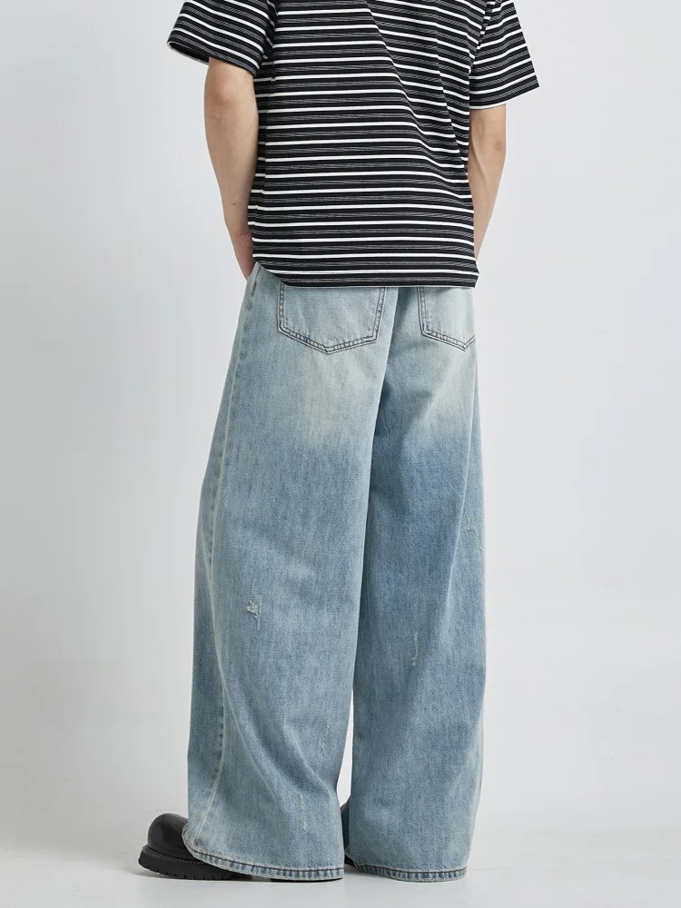 الرجعية الأمريكية Waed الرجال مستقيم الساق واسعة الساق الجينز الصيف جديد Sle التخسيس فضفاض ثنى الطابق طول الدنيم السراويل