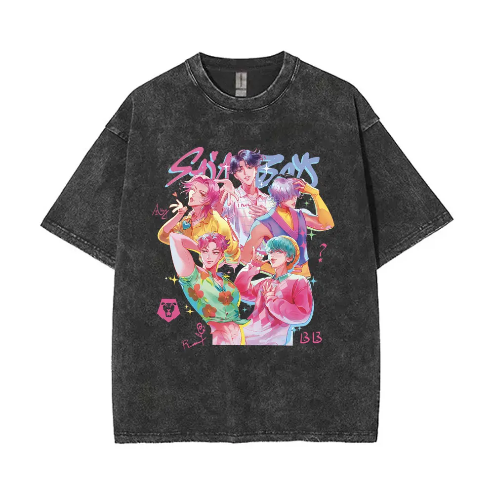 

2025 Hot Sale Movie Kpop Demon Hunters Saja Boys Vintage Washed Tshirt Men Women Funny Cartoon Oversized Street Crewneck T Shirt
