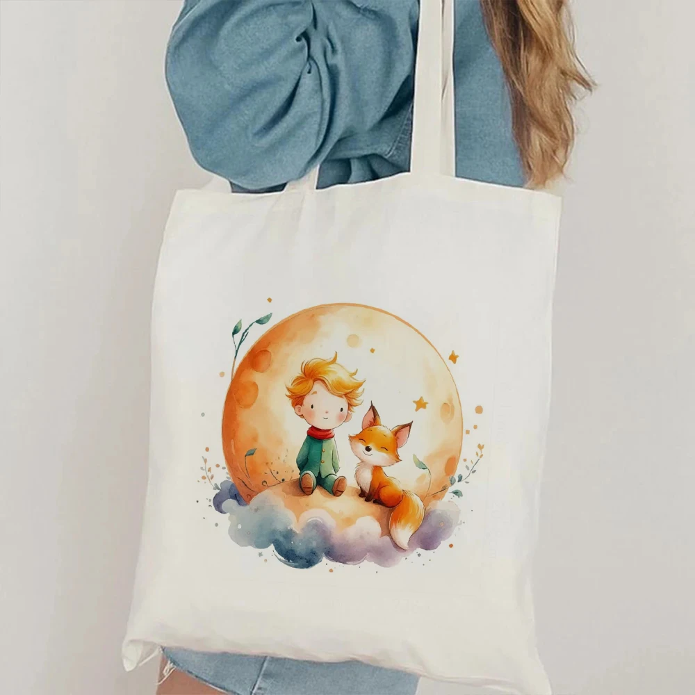 حقيبة حمل قماشية مستوحاة من الأزهار والثعلب الكرتونية من Little Prince، تصميم أنيق ومتين، مثالية لمحبي الكتب والاستخدام اليومي