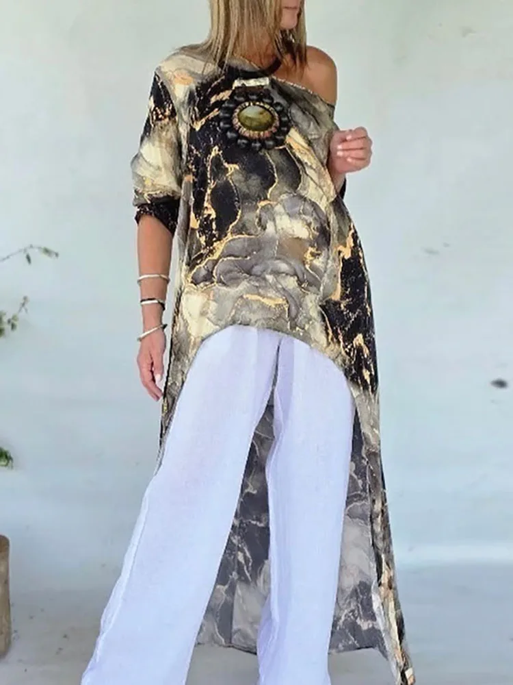 

Новая женская повседневная блузка с принтом 2026 года, модная свободная офисная футболка с асимметричным вырезом, уличная одежда, блузки с необработанным краем