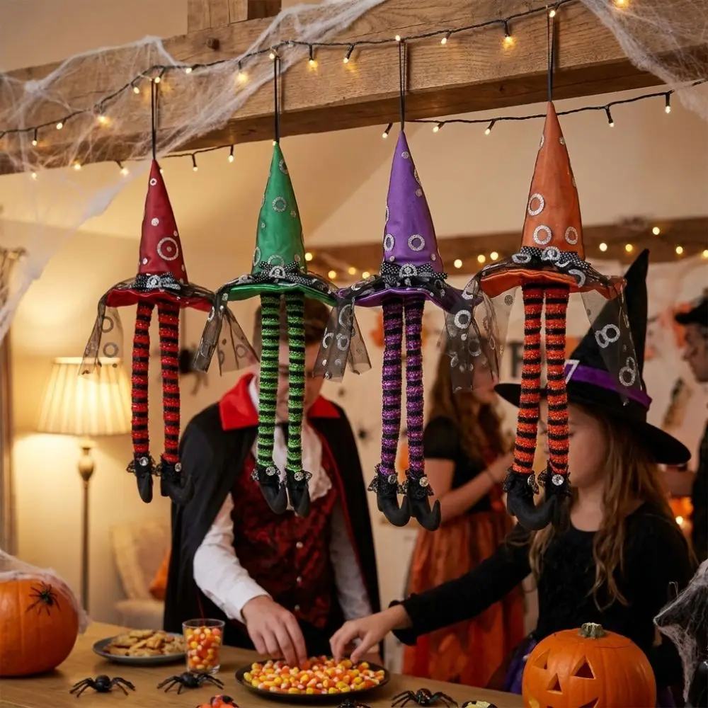 Glowing Long Leg Witch Hanging Ornament Striped Long Legs Curved Black Boots Halloween Witch Hat with Light Dark Style Spooky