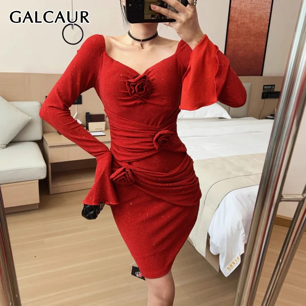 GALCAUR Solid Slimming Fashion Spliced Folds Dresses for Women Square Neck Long Sleeve Patchwork 3D Flower Dress Female Style