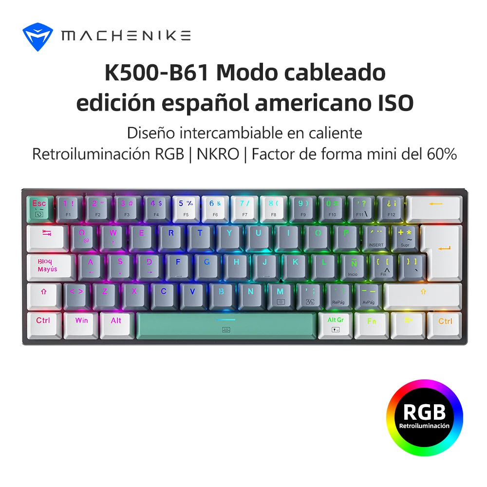 

MACHENIKE K500-B61 Мини-механическая клавиатура Español Americano ISO Edition Проводная 60% мини-игровая клавиатура с возможностью горячей замены RGB NKRO