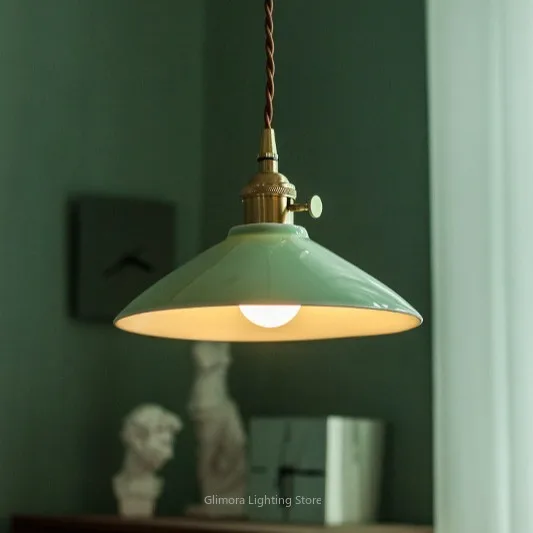 Antique Bean Green Glaze Ceramic Pendant Lamp, Chinese Style, Ceramic & Metal