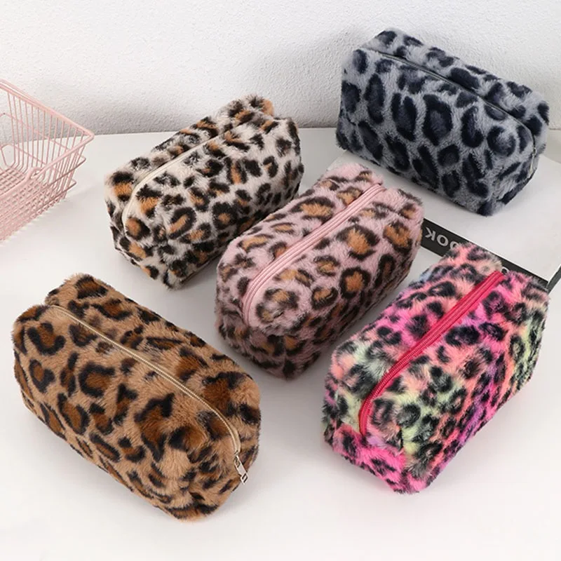 Fashion Leopard Fur Makeup Bags Soft Travel Women Cosmetic Bag Organizer Case Lady Girls Make Up Bags Toiletry Handbags Case Kit