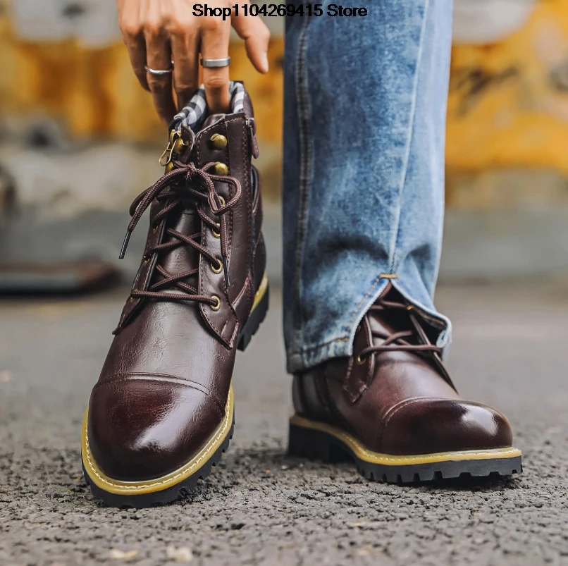 Quality Men Leather Boots Metal Double Zipper Motorcycle Boots Oxford Business Men Ankle Boots Autumn Winter Shoes Large Size 48
