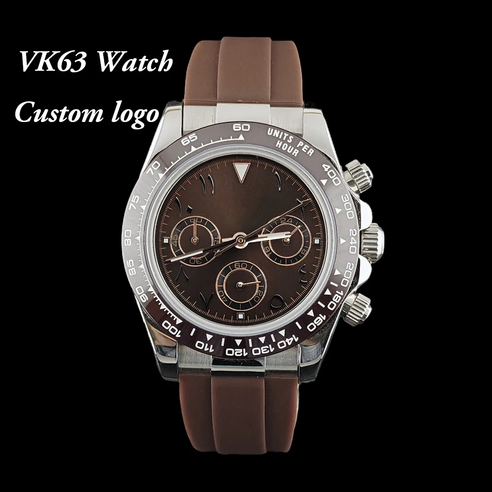 Nouvelle montre VK63 avec logo personnalisé, montre de haute qualité pour hommes, bracelet en caoutchouc marron, mouvement VK63