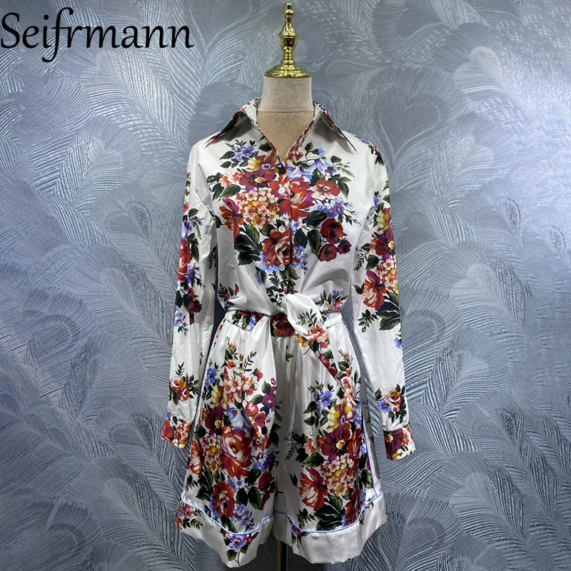 

Seifrmann 2026 Spring Women's New Fashion lapel Long Sleeve Printed Cotton Top+Silk Shorts Two Piece Set