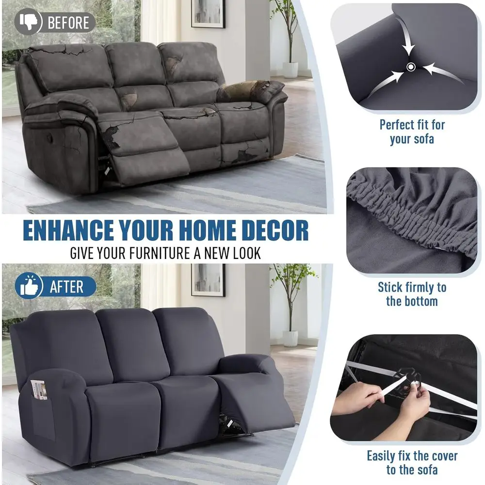 Sarung Sofa Recliner Poliester 3-Dudukan, Penutup Elastis dengan Kantong, Pelindung Furnitur Abu-Abu Tua yang Dapat Dicuci