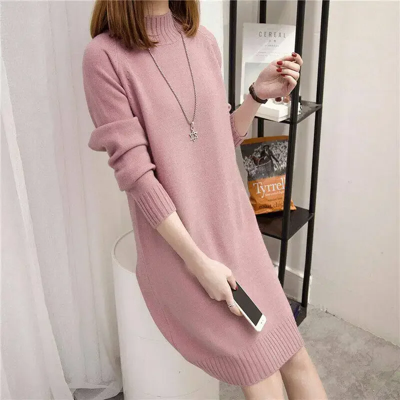 Women's Medium-length Sweater Polo/turtle Neck Loose-fit Versatile Knitted Top Slimming Base Layer Dress