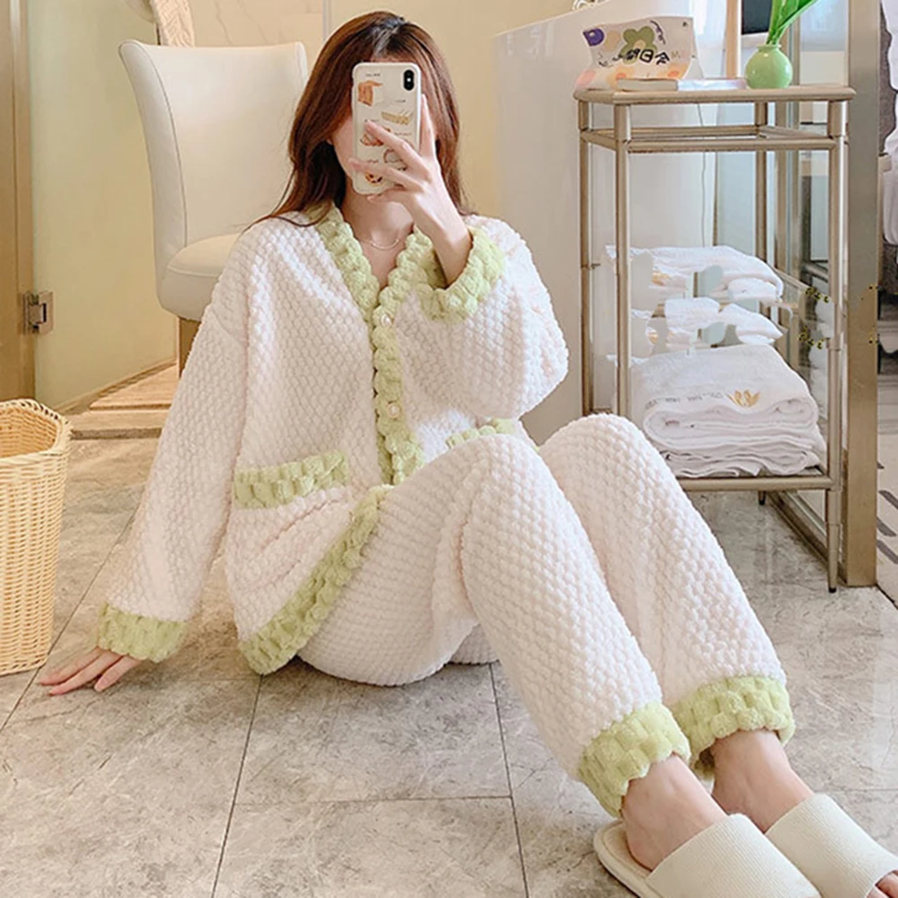 Women's Flannel Long-Sleeve Button Front Shirt and Long Pants Pajama Set Soft Warm Plush Loungewear Sleepwear Fleece Pjs Sets